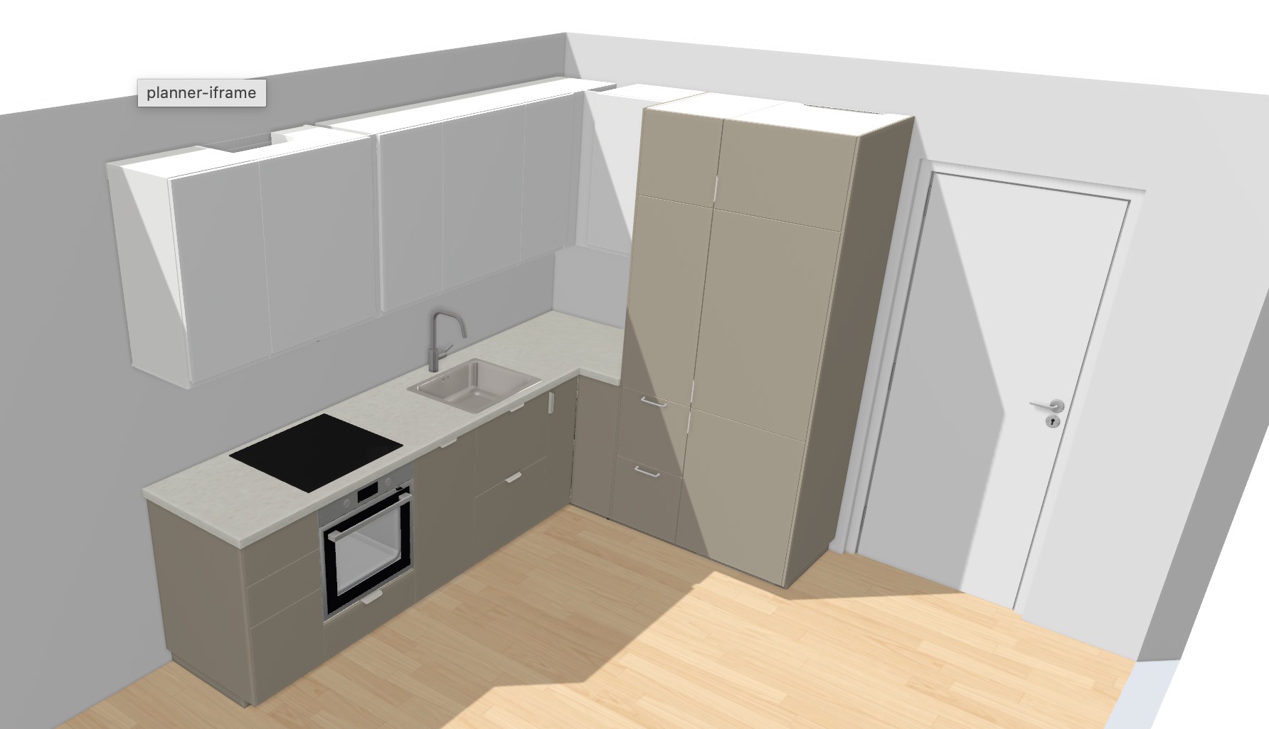 Tegning av kjøkken, god skapplass og integrerte hvitevarer inkludert (ovn, kokeplate, oppvaskmaskin, kjøleskap, vifte). Levert av IKEA.